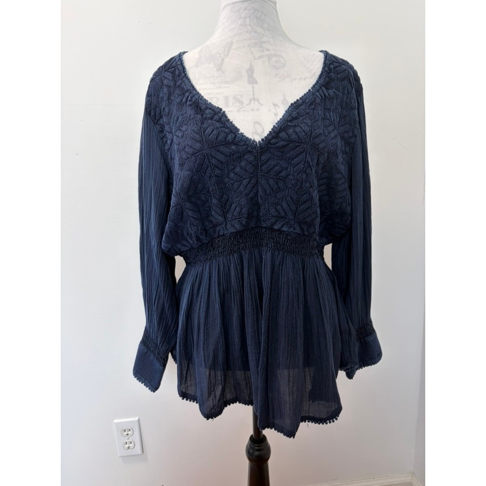 Boho  Cottagecore Whimsgoth Navy  Embroidered Smocked Waist Peplum Blouse XXL